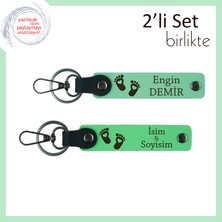 Kız Bebeğe Özel Renkli Hediye, Kalpli Bebek Ayağı Desenli Anahtarlık Seti, Açık Yeşil-Fıstık Yeşil