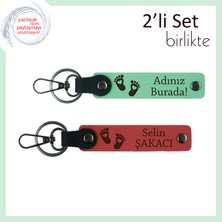 Ilk Adımların Hatırasına Uygun Hediye, Kalpli Bebek Ayağı Motifli Anahtarlık Takımı, Açık Yeşil-Nar