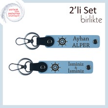 Yolculuk Simgesi Gemi Dümeniyle 2’li Hediyelik, Kişiye Özel Set, Gök Mavi-Gök Mavi
