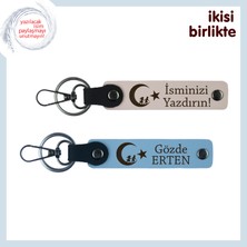 Eşine Verebileceğin En Anlamlı Hediye – Çocuk ve Ayyıldız Deri Anahtarlık Seti, Pudra-Gök Mavi