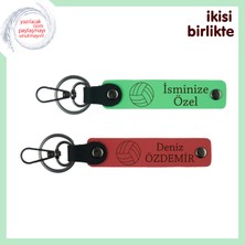 Çiftlere Özel Spor Hatırası, Voleybol Desenli Deri Anahtarlık Takımı, Fıstık Yeşil-Nar Çiçeği