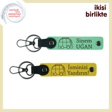 Karavan Motifli Deri Anahtarlık Takımı, Isim Yazılabilir Hediyelik 2’li Set, Açık Yeşil-Sarı