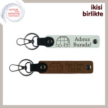 Karavan Hayalini Simgeler, Isme Özel Deri Anahtarlık Hediyelik Takım Takım, Beyaz-Açık Kahve