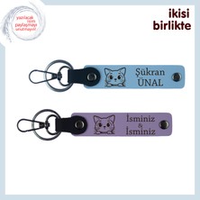 Kedili Yıl Dönümüne Sevimli Armağan, Patili Arkadaşa Deri Anahtarlık Seti, Gök Mavi-Mor Menekşe