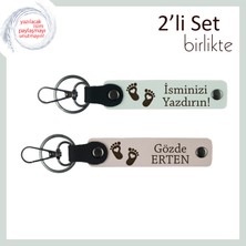 Sevdiklerinize Verilebilecek Isme Özel Bebek Ayağı Temalı Deri Anahtarlık Takımı, Beyaz-Pudra