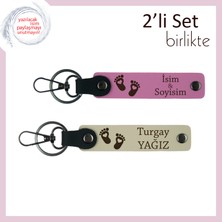 Yeni Doğmuş Bebeğe Anı Niteliğinde Sevimli Hediye, Kalpli Ayak Motifli Anahtarlık Set, Pembe-S Kahve