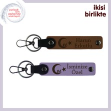 Kardeşe Özel Kalıcı Hatıra, Çocuk ve Ayyıldız Isim ve Soyadı Yazılı X2 Anahtarlık, A Kahve-Mor