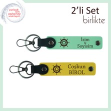 Gemi Dümeni Figürlü Deri Anahtarlık, Kişiye Özel 2’li Set, Isminizi Yazdırın, Açık Yeşil-Sarı