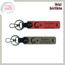 Toruna Hatıra Armağan – Çocuk ve Ayyıldız, Kişiye Özel Deri Anahtarlık Seti, Nar Çiçeği-Kül Gri