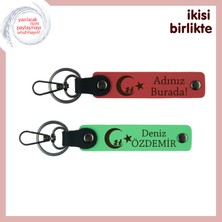 Vatan Sevgisiyle Hazırlanmış, Çocuk ve Ayyıldız, Kişisel Deri Anahtarlık Set, Nar - Yeşil