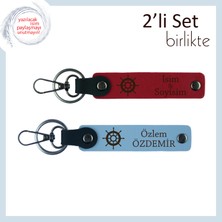 Gemi Dümeni Motifli Deri Anahtarlık, Sevgiliye Kişisel Hediye, Isim Yazdırılabilir, Kırmızı-Gök Mavi