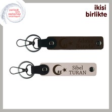 Kuzene Gurur Dolu Hediye – Çocuk ve Ayyıldız ve Isimli 2' Li Anahtarlık Takımı, Koyu Kahve-Pudra