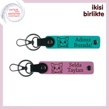 Ilişkinize Dahil Olan Patiye Ortak Hediye, Kedili Deri Anahtarlık Takımı, Koyu Turkuaz-Pembe