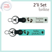 Doğum Hatırası Olarak Saklanabilecek Isimli Anahtarlık, Kalpli ve Bebek Ayağı Temalı, Beyaz-Turkuaz