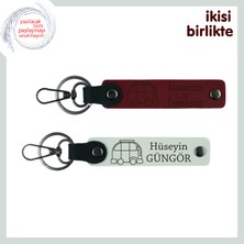 Kampçı Takıme Sevgilerle, Kişiye Özel Karavan Temalı Anahtarlık 2’li Set, Isim Yazılı, Bordo-Beyaz