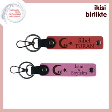 Kardeşe Bir Hatıra – Çocuk ve Ayyıldız, Kişiye Özel Deri Anahtarlık 2' Li Set, Nar Çiçek-Pembe
