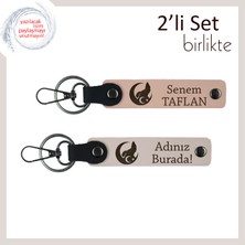 Kalıcı Hediye – Bozkurt ve Ayyıldız Temalı Isme Özel Kişisel Deri Anahtarlık X2, Yavru Ağzı-Pudra