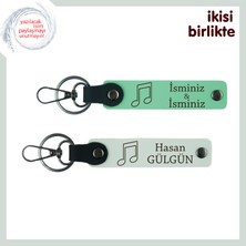 Nota Figürlü Romantik Hediye, Sevgiline Kişisel Deri Anahtarlık Takımı, Isim Yazılı, A Yeşil-Beyaz