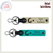 Milli Temalı Çocuk ve Ayyıldız,  Sevgilinize Özel Isimli X2 Anahtarlık Takımı, Sütlü Kahve-Turkuaz