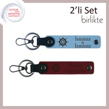 Deniz Tutkusunu Yansıtan Deri Anahtarlık, Kişiye Özel Gemi Seti, Isim Yazdırılabilir, Gök Mavi-Bordo