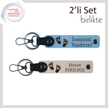 Yeni Doğum Yapmış Annelere Seçkin Hediye, Kalpli Ayak Motifli Kişisel Anahtarlık Set, Gök Mavi-Pudra
