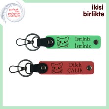 Sokaktan Gelen Sadakati Taşıyan Hatıra, Kedi Motifli Anahtarlık Seti, Fıstık Yeşil-Nar Çiçeği
