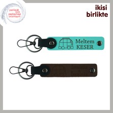 Yolda Yaşayanlara Kişisel Dokunuş, Karavan Motifli Deri Anahtarlık Takımı, Turkuaz-Koyu Kahve