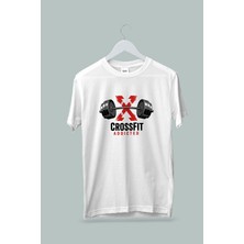 Maki Home Kadın Erkek Unisex Yetişkin Crossfit Addicted Baskılı Beyaz Gri Tshirt