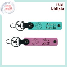 Voleybol Temalı 2’li Anahtarlık Seti, Isim Yazılabilir Deri Tasarım, Turkuaz-Pembe