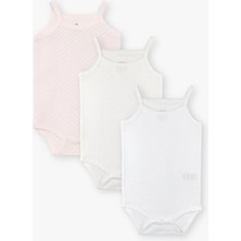 Luggi Baby Yenidoğan - 5 Yaş Kare Yaka Pamuklu Ip Askılı Kız Bebek Jakarlı Çıtçıtlı Body 3'lü  LG-2047-2