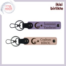 Vatan Sevgisi Için  Çocuk ve Ayyıldız Anahtarlık – Kişisel Hediyelik Deri Set X2, Mor-Yavru Ağzı