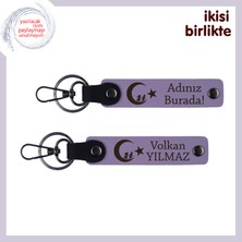 Milli Değerlere Saygılı Hediye – Çocuk ve Ayyıldız, Isme Özel Deri Anahtarlık Set, Mor-Mor
