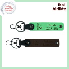 Yeni Mezuna Şık Hediye – Ayyıldız ve Türkiye Desenli Isimli 2’li Anahtarlık, Fıstık Yeşil-Kahve