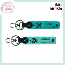 Vefalı Hediye – Ayyıldız Kurt Göktürk Desenli Kişisel Isimli Anahtarlık Seti, Koyu Turkuaz-Turkuaz