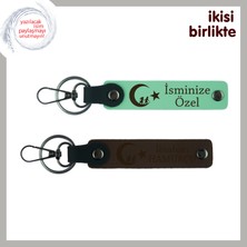 Yeni Işe Başlayanlara Tebrik, Çocuk ve Ayyıldız Desenli Isimli 2’li Anahtarlık, Açık Yeşil-Kahve