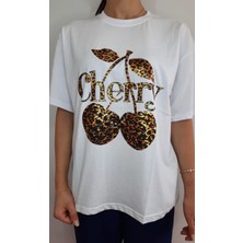 Beyaz Kadın Leopar Cherry Baskılı T-Shirt
