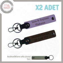 Kişisel Plaka ve Isim Yazılı 2’li Deri Anahtarlık, Hediye Edilebilir Tasarım, Mor Menekşe-K Kahve-Gr