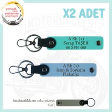 Motosiklet Severlere, Isim Plaka ve A + Kan Grubu Yazılı Özel Tasarım X2 Anahtarlık, Mavi-Turkuaz-Gr