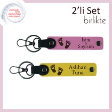 Anne ve Babaya Ortak Kullanım Için, Bebek Ayağı Kalpli Tasarımlı Isim Yazılı Anahtarlık, Pembe-Sarı