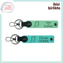 Nota Desenini Seven Sevgiliye, Kişiye Özel Deri Anahtarlık Seti, Isim Yazılı, Açık Yeşil-Turkuaz