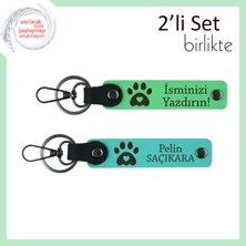 Hayvan Dostluğu Temalı 2’li Anahtarlık Seti, Kalpli Pati Desenli, Isim Yazılabilir, F Yeşil-Turkuaz