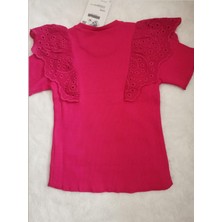 Fuşya Pembe Bisiklet Yaka Güpür Detaylı Yarım Kollu % 100  Pamuk Kız Çocuk T-Shirt