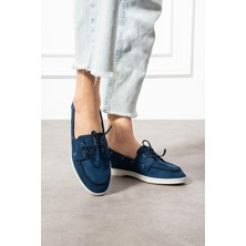 Shoetek Rinsa Kadın Babet Bağcıklı Makosen Lacivert Süet
