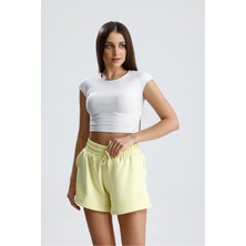 Dream Style Kadın Sarı Şort Modal Kumaş Yumuşak Dokulu Esnek Likralı Bağcıklı Çift Cepli Şort