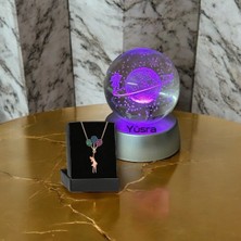Kişiye Özel Satürn Kız Küre Dolunay Lamba Kristal Top ve Uçan Balonlu Kız Kolye
