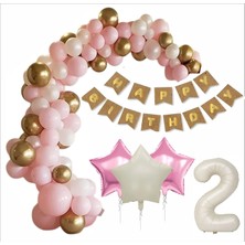 2 Yaş Kraft-Gold Banner, 30 Adet Pembe, Gold, Beyaz Balon 2 Pembe 1 Bej Yıldızlı Doğum  Günü Seti