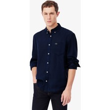 Regular Fit Düğmeli Yaka Keten Lacivert Erkek Gömlek