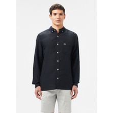 Siyah Keten Düğmeli Yaka Regular Fit Uzun Kollu Erkek Gömlek