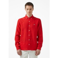 Kırmızı Regular Fit Düğmeli Yaka Erkek Keten Gömlek
