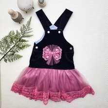 2-3-4 Yaş Fiyonklu Düğme Detaylı Tül Etek Kot Kumaş Salopet Kız Çocuk Elbisesi Siyah-Gül Kurusu